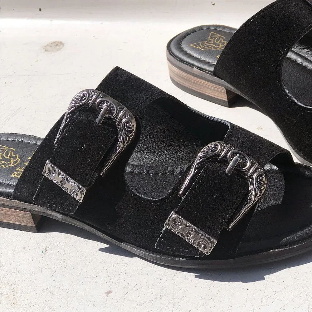 NEW Black Faux Suede Western Metal Buckled Straps Slides Slip On Sandals Shoes - Picture 10 of 12